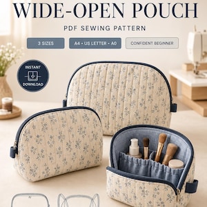 May include: A PDF sewing pattern for a Petalfold wide-open pouch. The image displays three quilted pouches in a cream fabric with a blue floral print. One pouch is open, revealing a blue and white checkered interior with elasticized pockets.