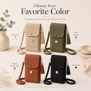 May include: Four rectangular crochet crossbody bags in natural, olive green, warm terracotta, and charcoal colors. Each bag features a flap with a single light-colored button, a matching shoulder strap, and a decorative tassel attached to the side.