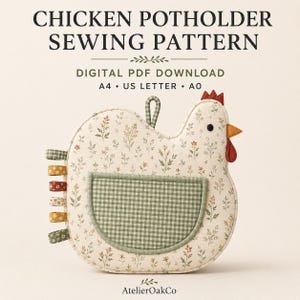 Molde de costura em PDF para luvas de forno com estampa de galinha. Ideal para iniciantes na costura digital. Molde para luvas de forno e pegadores de panela.