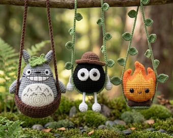 Anime Crochet Car Charm, Forest Spirit, Soot Sprite, Fire Spirit Decor, Kawaii Rearview Mirror Accessory