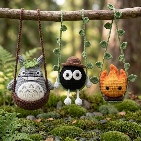 Kawaii Anime Crochet Car Charm, Forest Spirit, Fire Spirit & Soot Sprite Rearview Mirror Accessory, Cute Amigurumi , Gift for Anime Lover