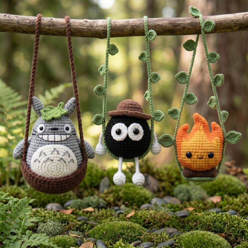 May include: Three crocheted amigurumi figures hanging from a branch. A gray Totoro in a brown basket, a black soot sprite with a brown hat, and an orange flame character, each suspended by green vine-like crocheted straps with small leaves.