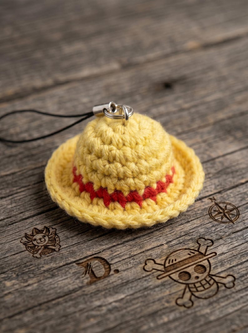 May include: A miniature yellow crocheted straw hat charm featuring a red band around the crown. The hat is attached to a black cord loop with a silver-toned metal jump ring. The design mimics a classic sun hat style with a rounded top and brim.