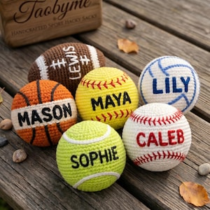 Personalized Sports Crochet Keychain, Custom Name Hacky Sack Ball, Handmade Basketball Baseball Football Gift, Sport Themed Backpack Decor