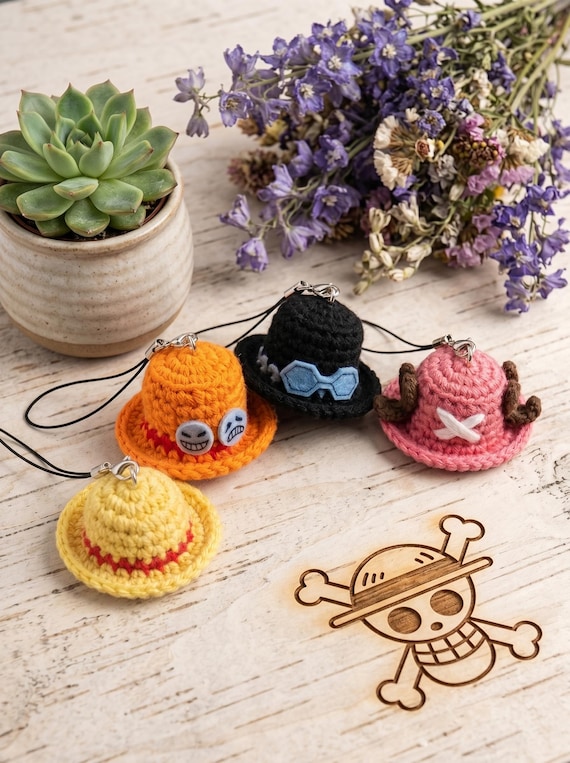 Handmade Crochet Anime Keychain, Custom Adventure Hat Bag Charm, Unique Manga Fan Gift, Personalized Cosplay Accessory, Cute Yarn Plushie