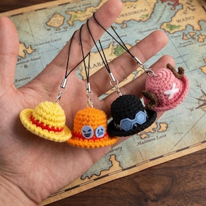 Handmade Crochet Anime Keychain, Custom Adventure Hat Bag Charm, Unique Manga Fan Gift, Personalized Cosplay Accessory, Cute Yarn Plushie image 3
