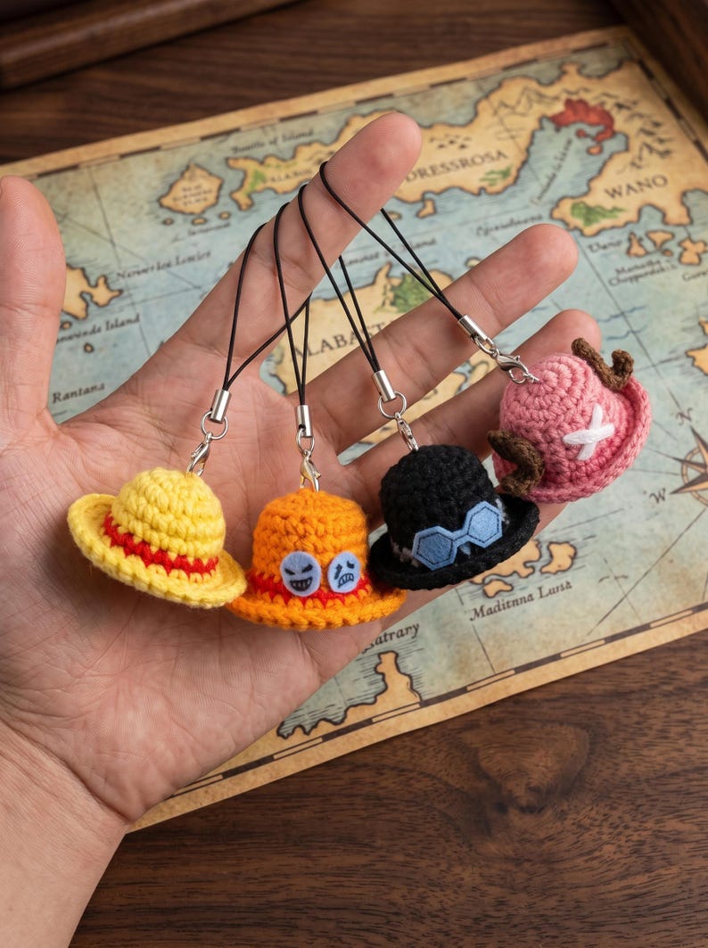 Handmade Crochet Anime Keychain, Custom Adventure Hat Bag Charm, Unique Manga Fan Gift, Personalized Cosplay Accessory, Cute Yarn Plushie image 3