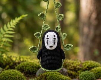 Anime Crochet Car Charm, Masked Spirit Amigurumi, Faceless Ghost Rearview Mirror Accessory, Cute Black Phantom Decor
