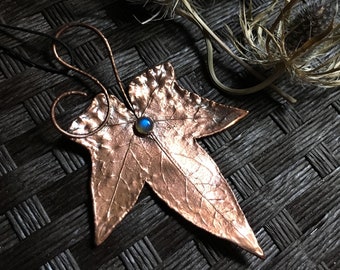 Real Ivy Leaf Labradorite Pendant | Copper Electroformed Ornament