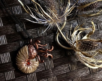 Iridescent Sculpted Ammonite Fossil Pendant | Copper Electroformed Necklace