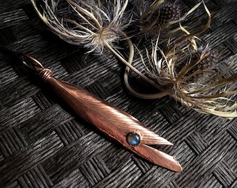 Split Feather Labradorite Stone Necklace | Copper Electroformed Pendant