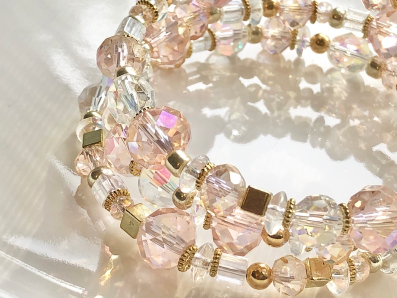 Triple 3 Stack Bracelet Seashell For Her Boho Chic Sparkly Blush Pink Czech Clear Beads Boho Gold Faceted Glass