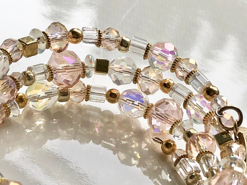 Triple 3 Stack Bracelet Seashell For Her Boho Chic Sparkly Blush Pink Czech Clear Beads Boho Gold Faceted Glass