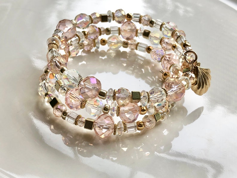 Triple 3 Stack Bracelet Seashell For Her Boho Chic Sparkly Blush Pink Czech Clear Beads Boho Gold Faceted Glass