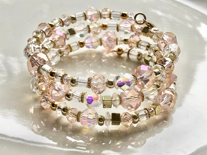Triple 3 Stack Bracelet Seashell For Her Boho Chic Sparkly Blush Pink Czech Clear Beads Boho Gold Faceted Glass