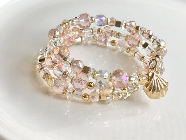 Triple 3 Stack Bracelet Seashell For Her Boho Chic Sparkly Blush Pink Czech Clear Beads Boho Gold Faceted Glass