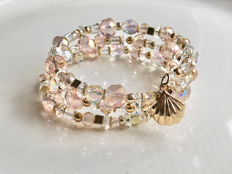 Triple 3 Stack Bracelet Seashell For Her Boho Chic Sparkly Blush Pink Czech Clear Beads Boho Gold Faceted Glass