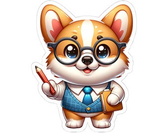 Corgi Professor Kiss-Cut Stickers, Cute Dog Stickers for Laptops, Journals, Gift for Pet Lovers, Study Motivation Decor, Dog Lover Stickers