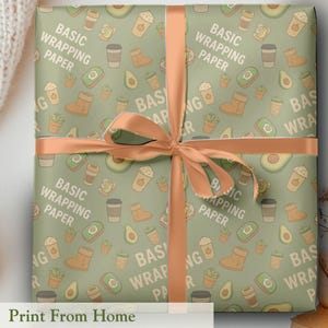 May include: A wrapped gift with sage green wrapping paper featuring avocado, coffee cup, boot, and plant illustrations. The paper is tied with a peach ribbon. Text on the paper reads "BASIC WRAPPING PAPER".