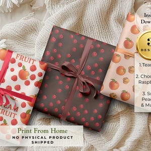 May include: Three gift-wrapped packages with fruit designs. One features peaches and raspberries, another has a pattern of raspberries on a dark background, and the third showcases peaches and muffins. Each is tied with a ribbon. The text reads "Instant Download".
