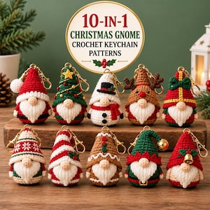May include: Ten crocheted Christmas gnome keychains with gold-tone lobster clasps. The gnomes feature various festive designs including Santa, a Christmas tree, a snowman, a reindeer, and holiday-themed hats with bells, bows, and holly.
