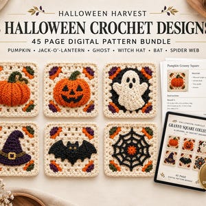 Könnte beinhalten: Ein 45-seitiges digitales Anleitungsbündel mit dem Titel Halloween Harvest mit 6 Häkeldesigns: Kürbis, Jack-o'-Lantern, Geist, Hexenhut, Fledermaus und Spinnennetz. Das Bild zeigt sechs quadratische Häkelmotive mit cremefarbenen Rändern.