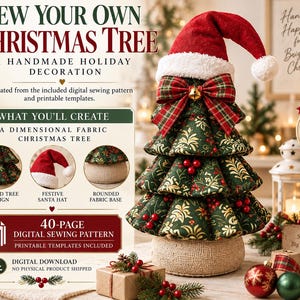 Puede incluir: Una decoración de árbol de Navidad de tela con un patrón floral verde y dorado, rematada con un gorro de Papá Noel rojo y un lazo a cuadros. El texto dice Sew Your Own Christmas Tree, What You'll Create y 40-Page Digital Sewing Pattern.