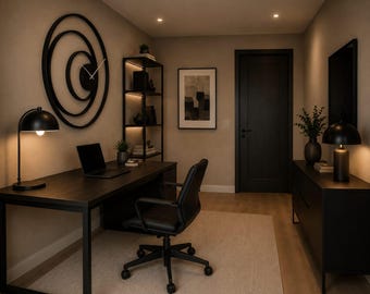 May include: A home office featuring a black desk with a laptop, a black office chair, and a black metal shelving unit. A large circular black wall clock hangs above the desk. Two black dome lamps provide lighting, and a black cabinet sits nearby.