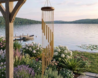 May include: A hanging wind chime with a dark brown wooden top and a series of golden-colored tubes suspended below. The chime is hanging from a wooden pergola, with a lake and garden in the background.