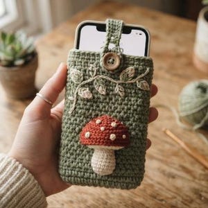 May include: A sage green crocheted phone pouch featuring a three-dimensional red and white mushroom appliqu&eacute; on the front, a vine embroidery detail, and a single wooden button closure with a matching crocheted strap to secure the mobile device.