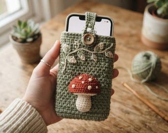 May include: A sage green crocheted phone pouch featuring a three-dimensional red and white mushroom appliqué on the front, a vine embroidery detail, and a single wooden button closure with a matching crocheted strap to secure the mobile device.