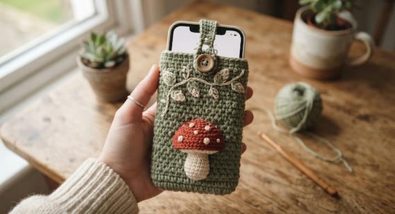 Handmade Woodland Phone Pouch, Cottagecore Crochet Mobile Cover, Forest Nature Phone Sleeve