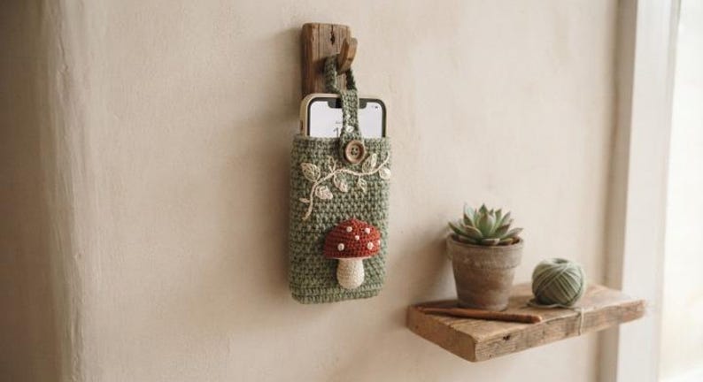 Handmade Woodland Phone Pouch, Cottagecore Crochet Mobile Cover, Forest Nature Phone Sleeve image 2