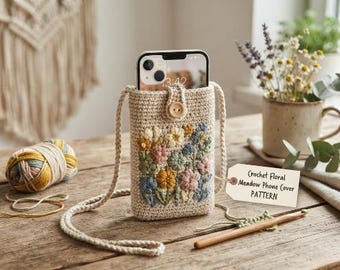May include: A beige crochet phone pouch with a long strap and a wooden button closure. The front features a textured floral design in shades of pink, yellow, blue, and green. A tag attached to the side reads Crochet Floral Meadow Phone Cover PATTERN.