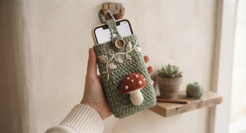 May include: A sage green crochet phone pouch featuring a three-dimensional red and white mushroom applique, embroidered white vine detailing, and a single wooden button closure. The pouch is designed to hold a smartphone securely in place.