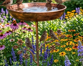 May include: A copper-colored bird bath with a water basin, supported by a decorative metal stand. Several small brown birds perch on the rim and branches of the stand. The bird bath is surrounded by a colorful garden of purple, yellow, and blue flowers.