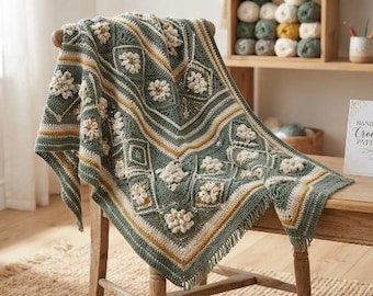 May include: A sage green crochet blanket featuring a geometric diamond pattern with raised cream-colored floral motifs. The blanket includes horizontal stripes in mustard yellow and white, finished with a short fringe along the bottom edge.