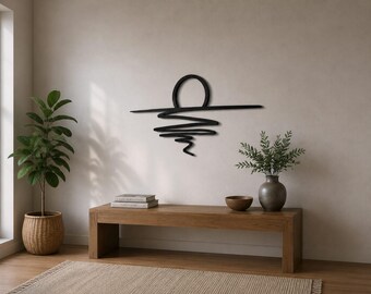 May include: A black metal wall art piece featuring a minimalist sun rising above a horizontal line, with abstract, wavy lines below representing a reflection on water. The design is composed of clean, continuous lines in a matte black finish.