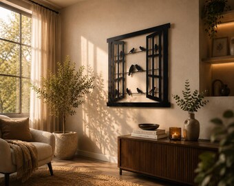 May include: A black metal wall art piece shaped like an open window frame with horizontal bars. Several small black bird silhouettes are perched on the bars within the frame. The design features a rectangular border with two open shutter panels.