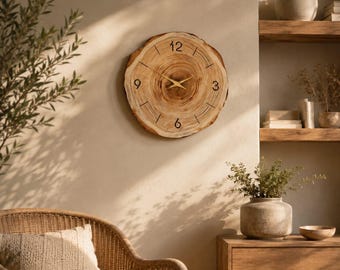 Natural Wood Wall Clock, Rustic Farmhouse Decor, Wood Slice Accent, Minimalist Home Interior