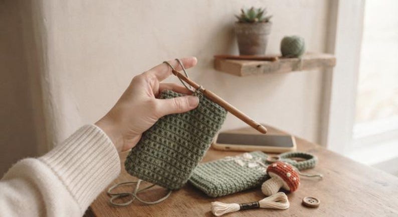 Handmade Woodland Phone Pouch, Cottagecore Crochet Mobile Cover, Forest Nature Phone Sleeve image 4