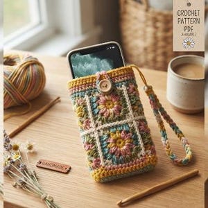 Può includere: Una custodia per telefono all'uncinetto con un colorato motivo a piastrelle granny nei toni del giallo, rosa, blu e verde. La custodia ha una chiusura con bottone in legno, un cinturino da polso intrecciato abbinato e contiene uno smartphone. Un'etichetta riporta CROCHET PATTERN PDF AVAILABLE.
