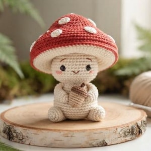 May include: A small, handcrafted crochet mushroom figure with a red cap featuring white spots, a cream-colored body, and a smiling face with pink cheeks. The figure is holding a small, light brown crocheted acorn in its hands while sitting upright.
