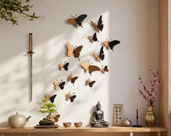 May include: A wall decoration featuring a collection of wooden butterfly cutouts in various sizes and shades of brown and black. A bonsai tree, a seated Buddha statue, and a katana sword are also present.