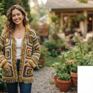 Vintage Patchwork Cardigan Crochet Pattern, Boho Granny Square Jacket Guide