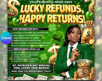 St Patrick's Day Steuer-Flyer, Lucky Refunds Steuer-Vorbereitungs-Flyer, Kredit-Reparatur-Flyer, moderne Steuer-Vorbereitungs-Flyer, Buchhalter-Flyer, Canva bearbeitetbar