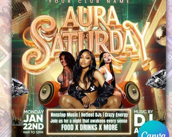 Editable Aura Saturday Party Flyer Template, Club Party Flyer, Club Flyer, Nightlife Party Flyer, Club DJ Flyer, Canva Editable