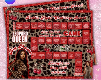 Gepard Print Brettspiel, Baddie Night Brettspiel, Leopard Print Spielbretter, Mädchen Nacht Spiel, bearbeitbare Party Spielbretter, Rote Mädchen Spiel