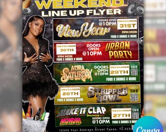 Wochenend-Line-Up-Flyer, Club-Party-Flyer, Neujahrs-Party-Flyer, Nachtklub-Flyer, Mega-DJ-Musikevent-Flyer, Canva bearbeitbar, Party-Flyer