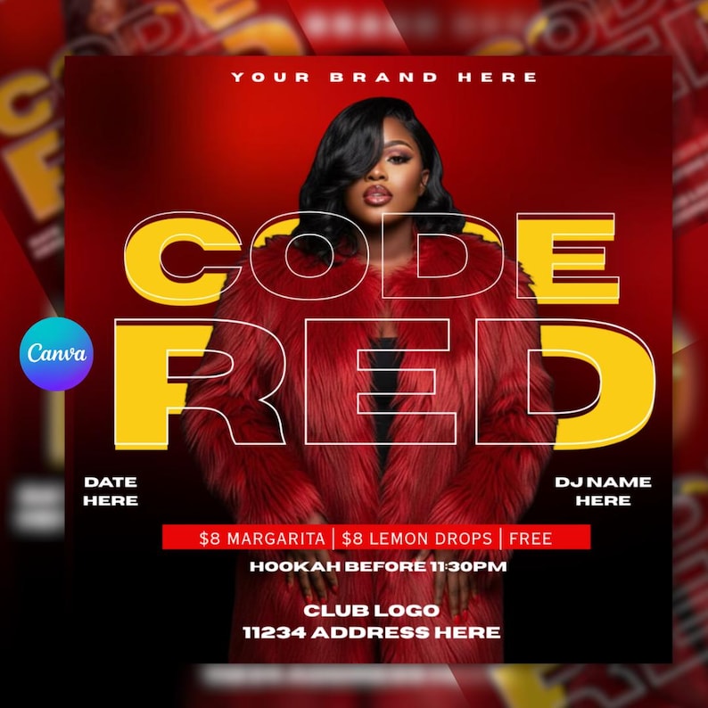 May include: A promotional flyer with a red and black gradient background. The words "CODE RED" are in large yellow letters. A woman in a red fur coat is in the center. The flyer includes text for a club event, including "YOUR BRAND HERE".